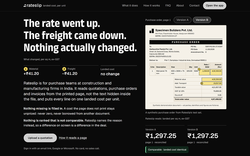 Rateslip’s home page: the headline “The rate went up. The freight came down. Nothing actually changed.” beside a synthetic purchase order with Version B selected, its rate and transport figures highlighted, and under it the landed cost per square metre read from both versions, ₹1,297.25 each, with the verdict “Comparable · landed cost identical”