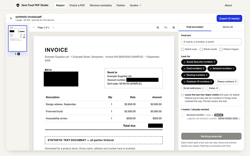 Redact PDF with a synthetic invoice open in its workspace: black bars over the lines under Bill to, the account number and the total due, the export button reading Export (3 marks), and the Find and redact panel listing its number detectors with one account-number match already marked